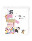 Colorful greeting card featuring presents and playful cats from Rosanna Rossi's birthday card collection.