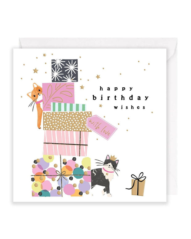 Colorful greeting card featuring presents and playful cats from Rosanna Rossi's birthday card collection.