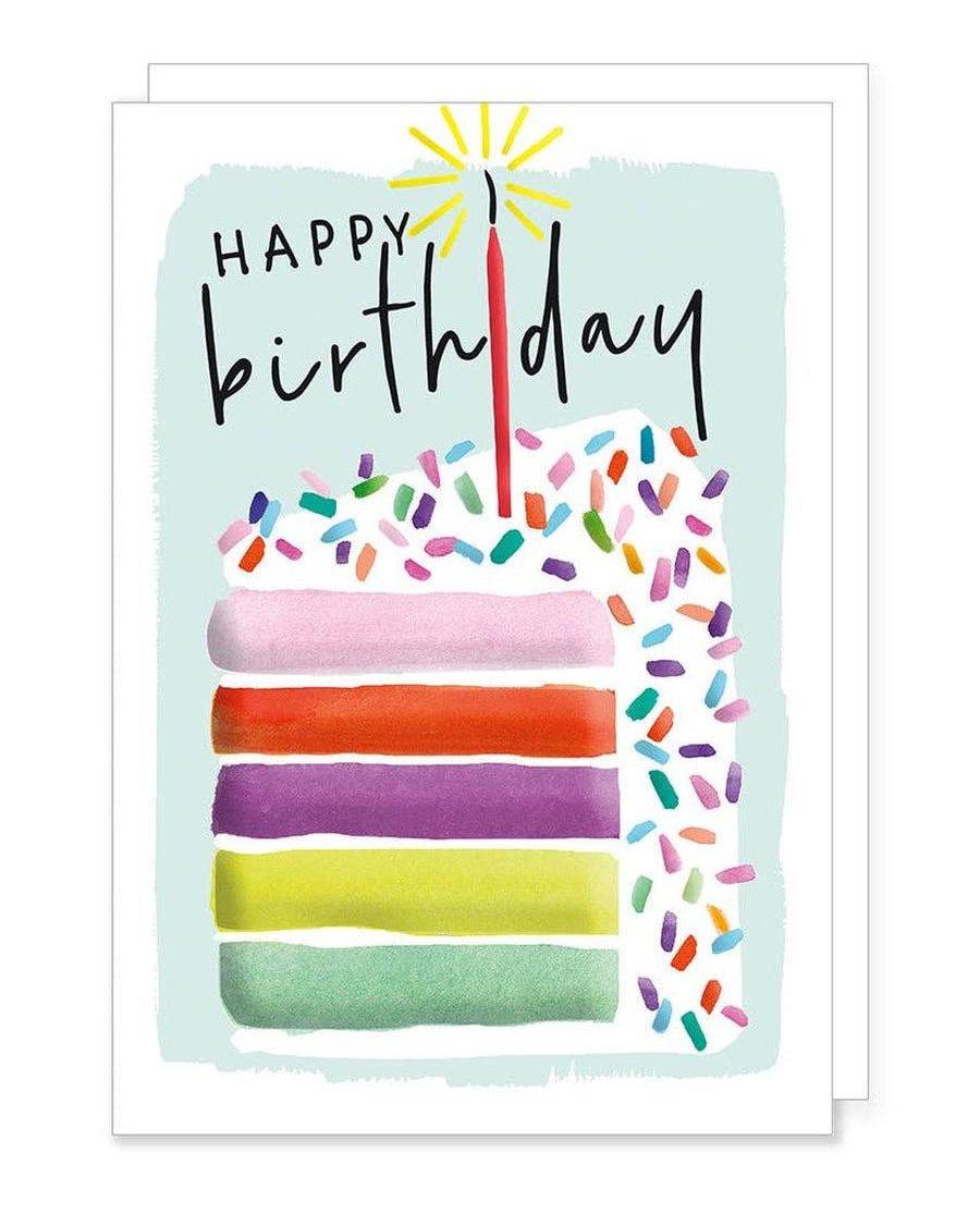 Colorful rainbow birthday cake greeting card by Rosanna Rossi featuring vibrant cake illustration on the front.