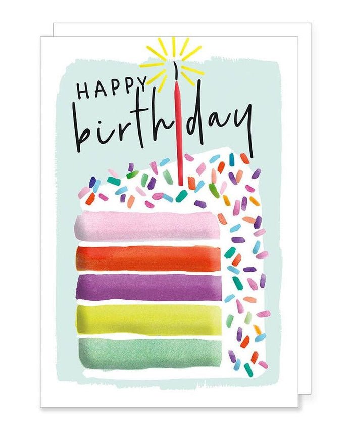 Colorful rainbow birthday cake greeting card by Rosanna Rossi featuring vibrant cake illustration on the front.