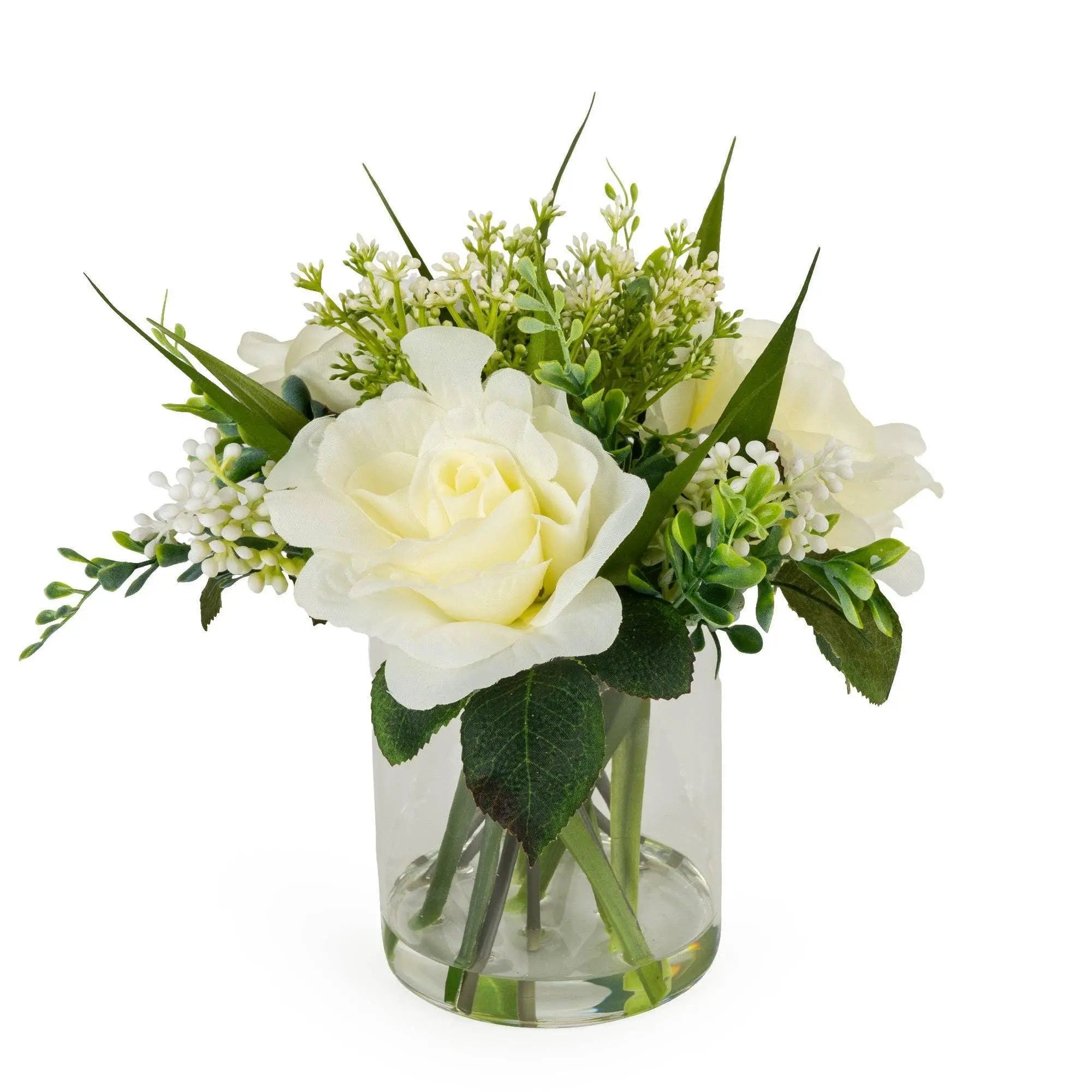Roses in Clear Glass Vase - White - Lulu Loves Home