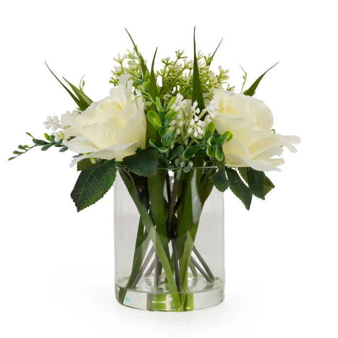 Roses in Clear Glass Vase - White - Lulu Loves Home