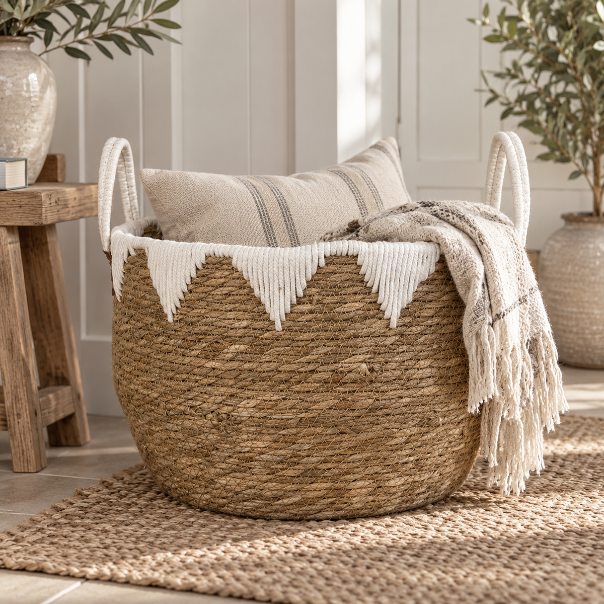 Round patterned seagrass basket with white zigzag trim and white handles holding cushions and throw in country home