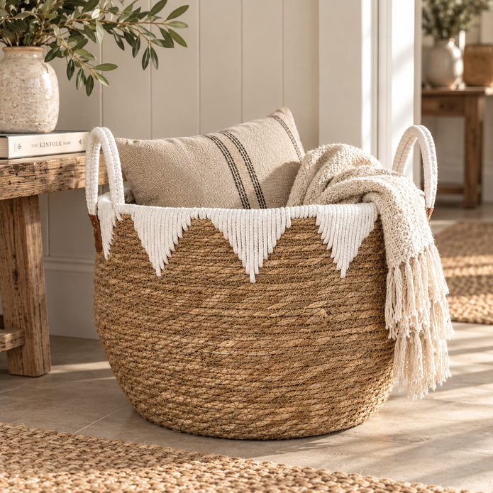 Round seagrass storage basket with white geometric trim and handles beside rustic console with folded textiles