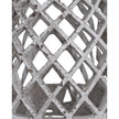 Round stone effect lattice hurricane lantern for home decor, featuring a classic design with cut-out patterns and a glass interior.