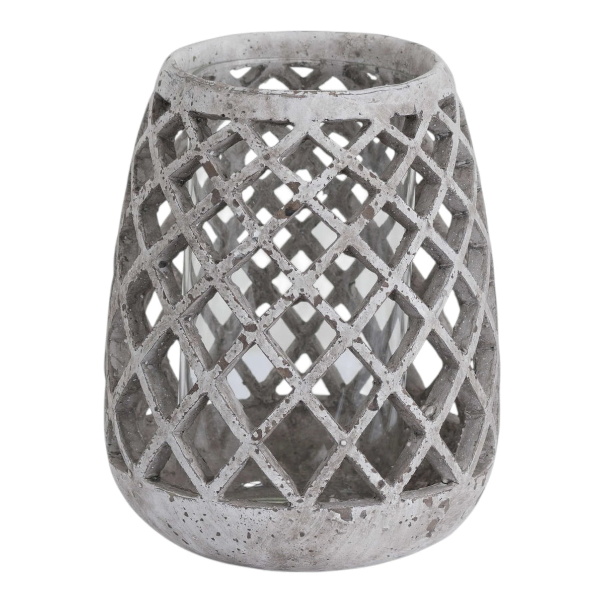 Round stone effect lattice hurricane lantern for home decor, featuring a textured stone pattern and open lattice design.