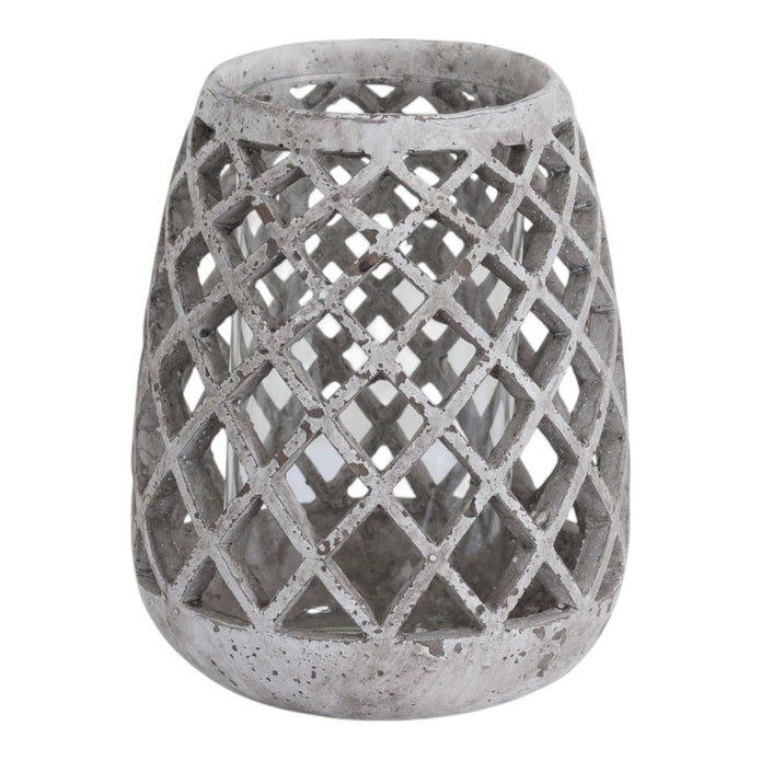 Round stone effect lattice hurricane lantern for home decor, featuring a textured stone pattern and open lattice design.