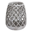 Round stone effect lattice hurricane lantern for home decor, featuring a textured stone pattern and open lattice design.