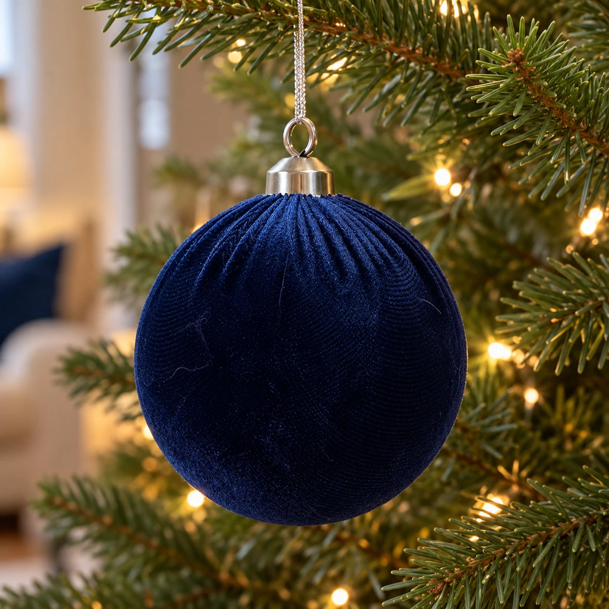 Royal blue velvet Christmas bauble by Starlight Express, showcasing a smooth, plush velvet surface suitable for holiday decorations.