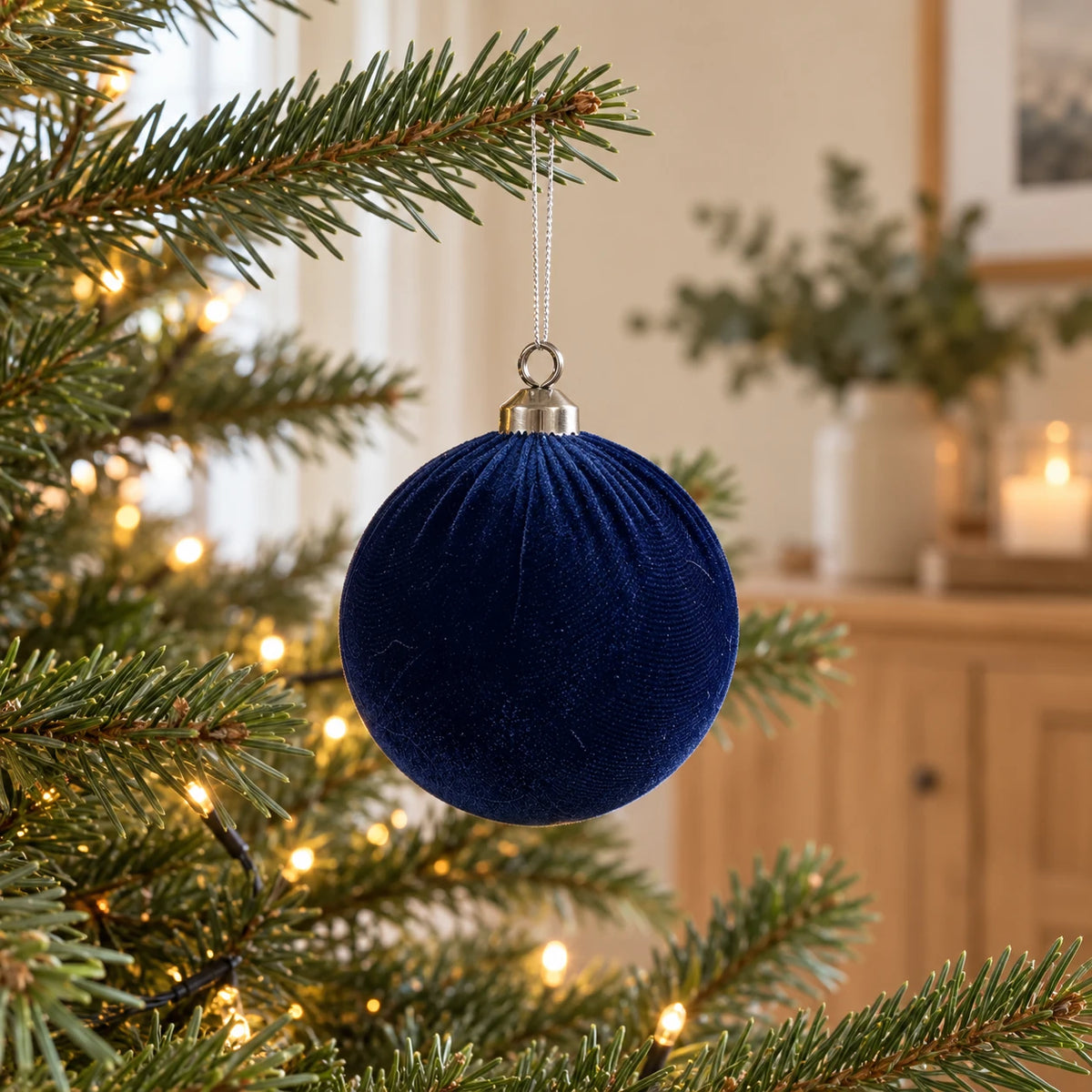 Royal blue velvet Christmas bauble from Starlight Express hanging on a decorated holiday tree.