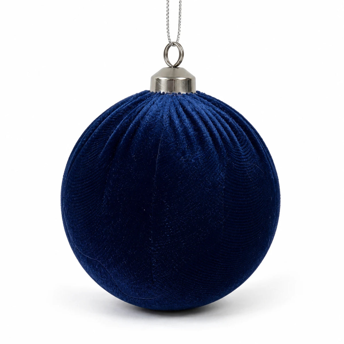 Royal blue velvet Christmas bauble by Starlight Express, glossy ornament with a shiny finish and hanging loop.
