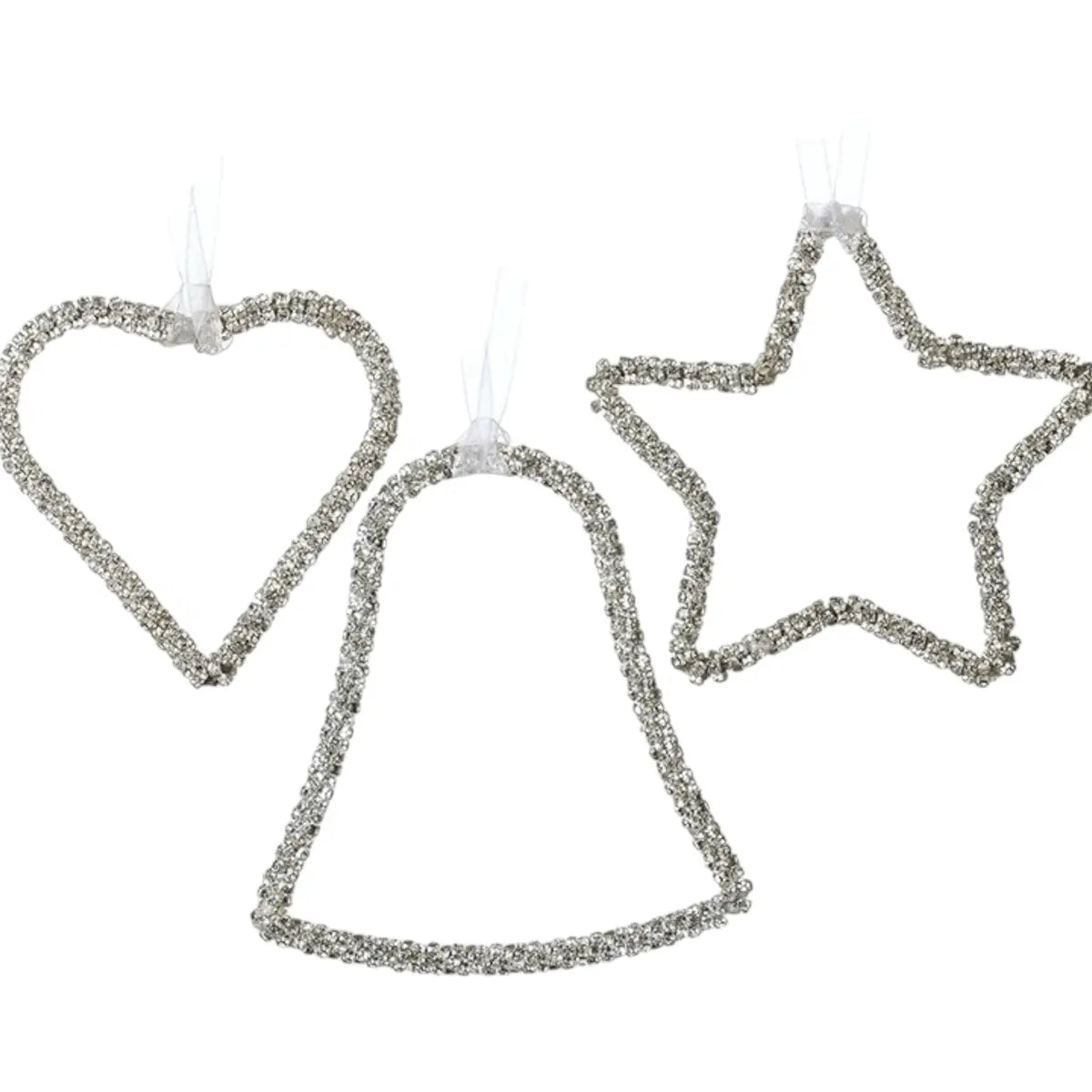 Close-up of a hanging silver beaded Christmas ornament by Heaven Sends, featuring intricate beadwork and festive design details.