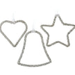 Close-up of a hanging silver beaded Christmas ornament by Heaven Sends, featuring intricate beadwork and festive design details.