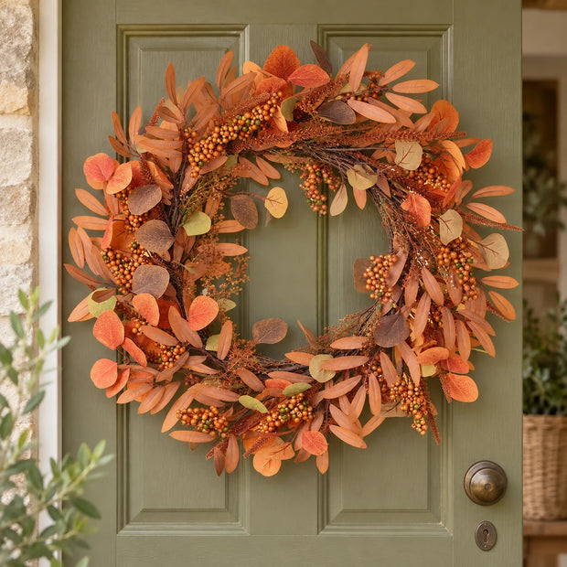 Russet autumn wreath on an olive cottage door.