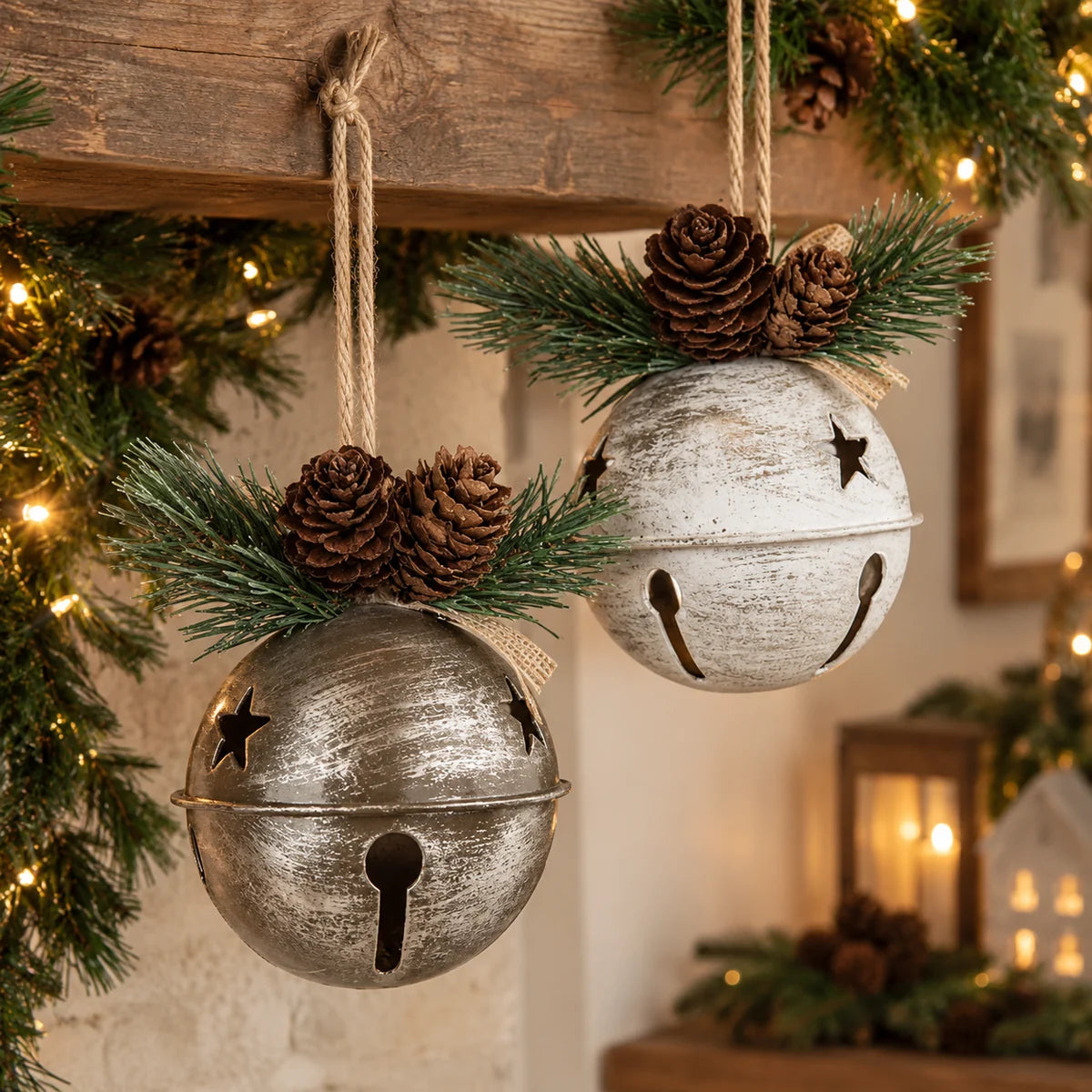 Set of two rustic hanging Christmas bells with pinecones and greenery suspended from festive wooden mantel