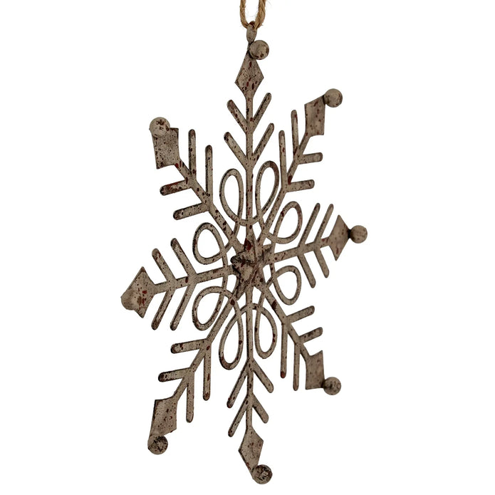 Rustic hanging gem snowflake decoration with distressed metal openwork, central star and rope hanger.