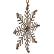 Rustic hanging gem snowflake decoration with distressed metal openwork, central star and rope hanger.