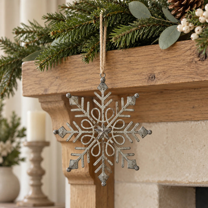 Rustic metal snowflake decoration suspended from a Christmas mantel garland.