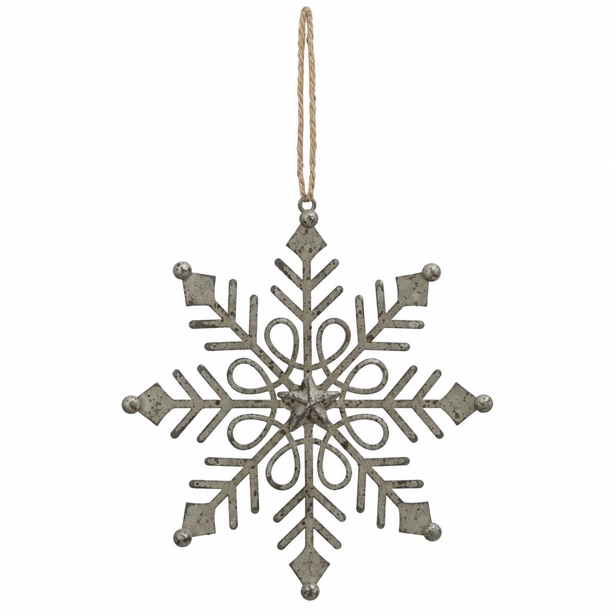 Complete rustic metal gem snowflake decoration and rope hanging loop on white.