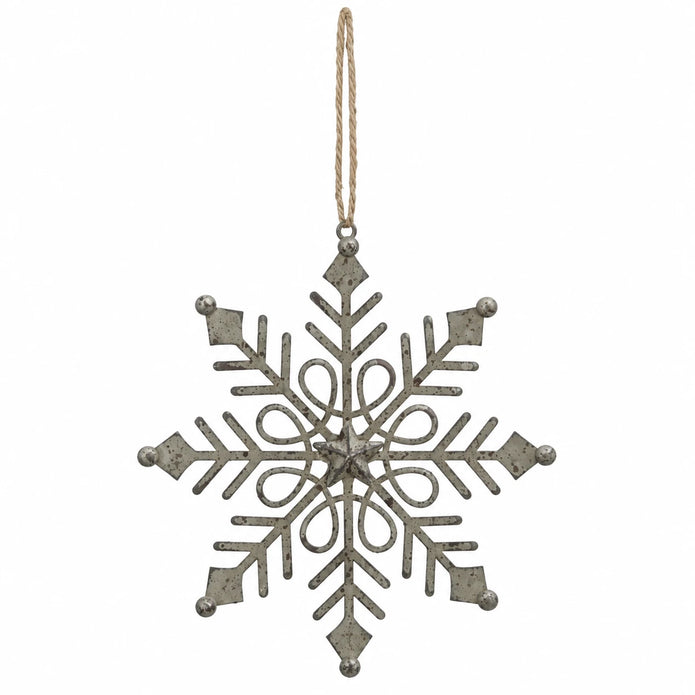Complete rustic metal gem snowflake decoration and rope hanging loop on white.