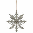 Complete rustic metal gem snowflake decoration and rope hanging loop on white.