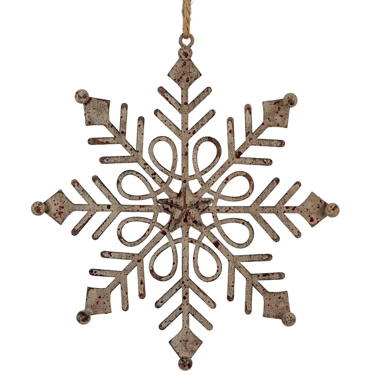 Rustic hanging gem snowflake decoration with distressed metal openwork, central star and rope hanger.