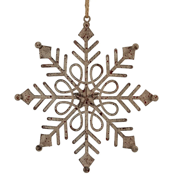 Rustic hanging gem snowflake decoration with distressed metal openwork, central star and rope hanger.