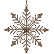 Rustic hanging gem snowflake decoration with distressed metal openwork, central star and rope hanger.