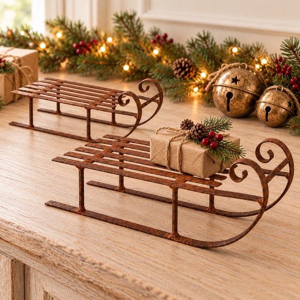 Small and Large rustic metal Christmas sleigh decorations staged together with greenery, fairy lights and brass bells; decorations not included