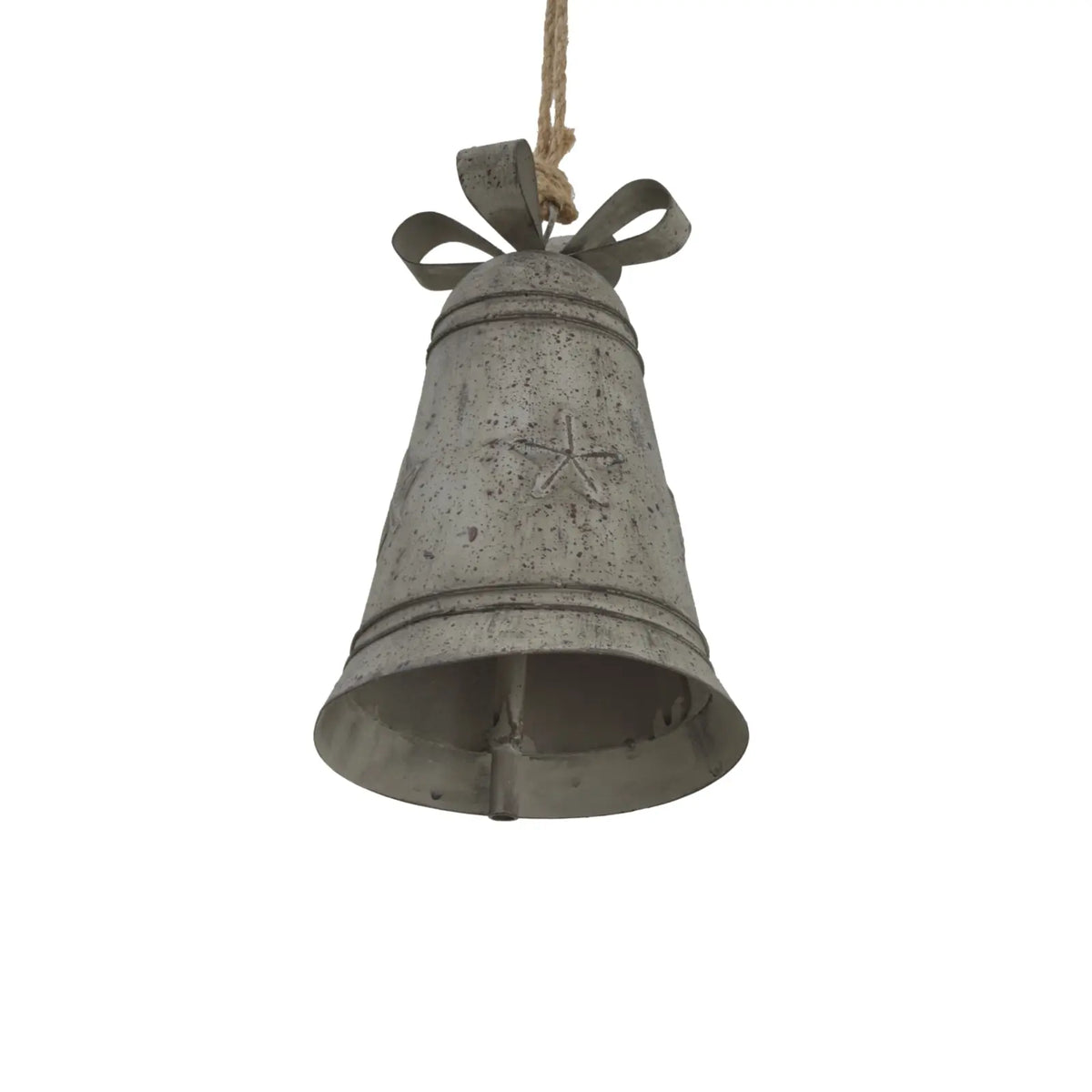 Rustic metal hanging bell with bow and jute cord, angled view