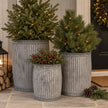 Three tall ribbed aged metal tub planters with Christmas trees and winter berries arranged at a country home entrance