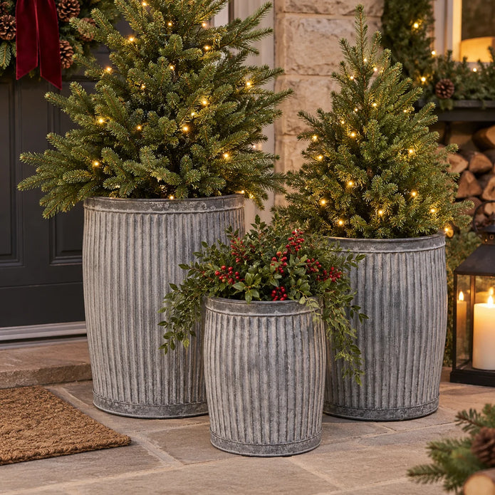 Graduated rustic grey ribbed metal planters with illuminated fir trees and red berry foliage on a festive porch