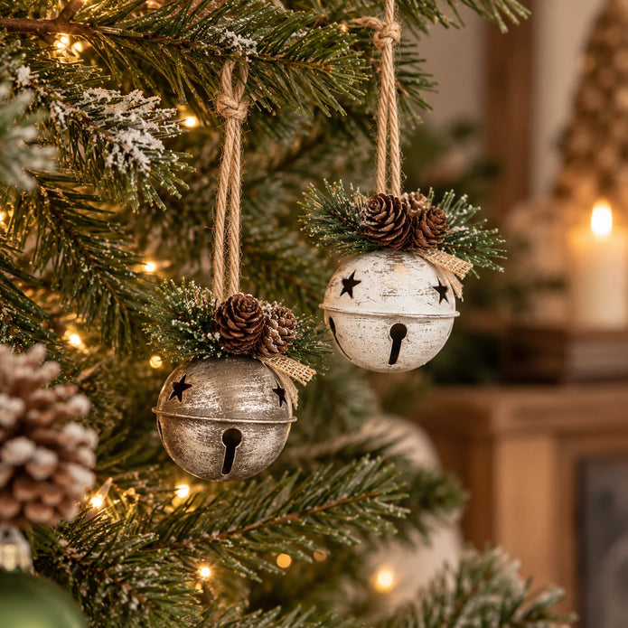 Set of two small rustic hanging Christmas bells, silver grey and whitewashed, with pinecones and greenery on a Christmas tree