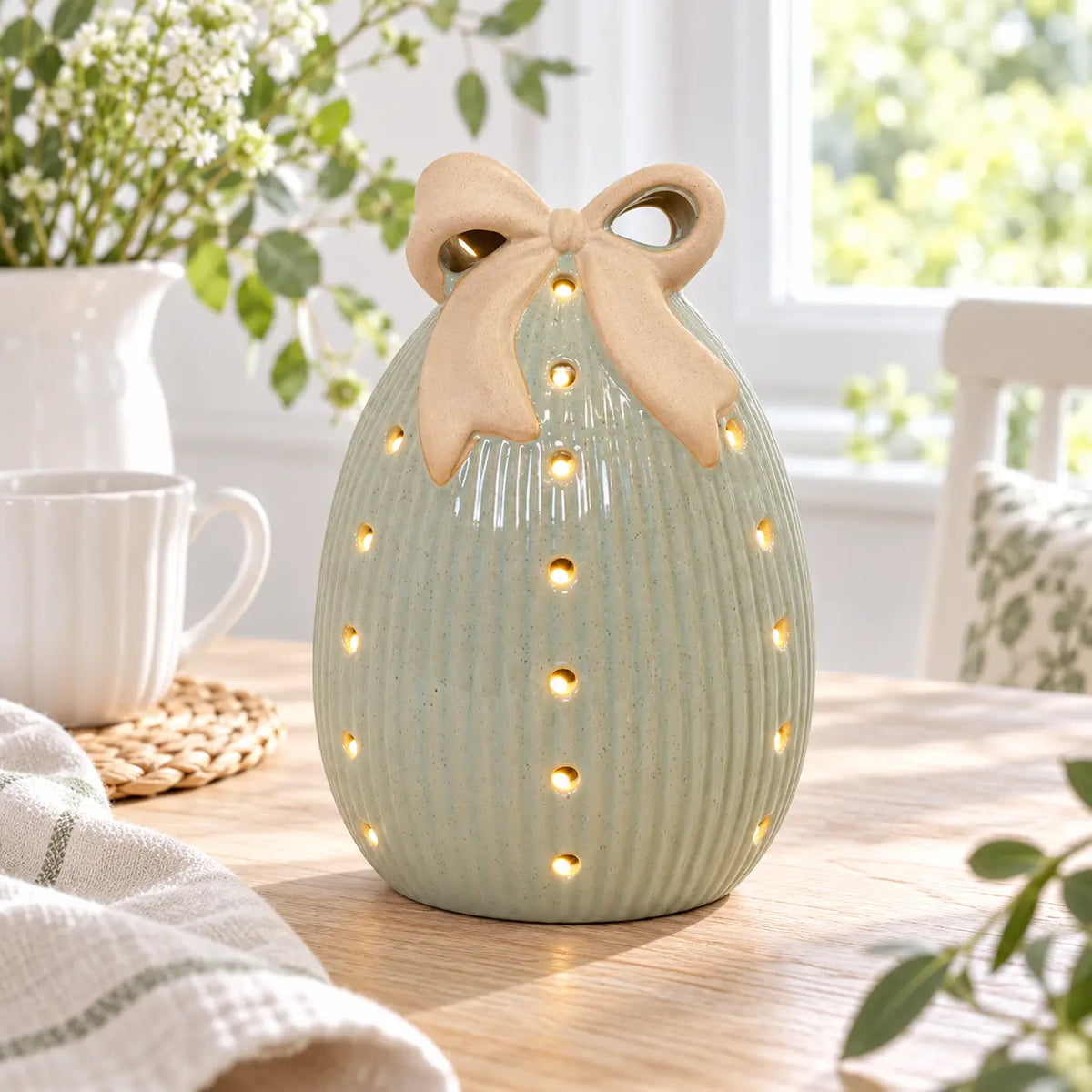 Satchville large sage green ceramic Easter egg with bow and illuminated LED light