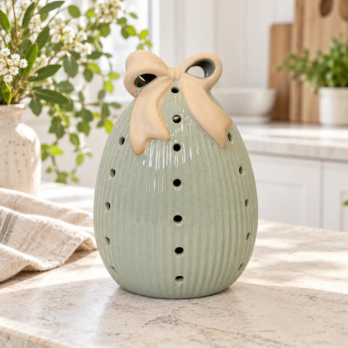 Satchville large sage green ceramic egg with light-up LED and bow for Easter decor