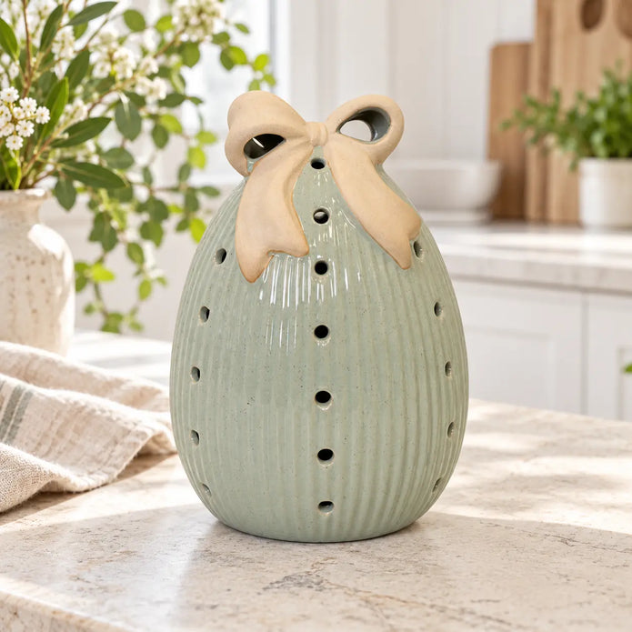 Satchville large sage green ceramic egg with light-up LED and bow for Easter decor