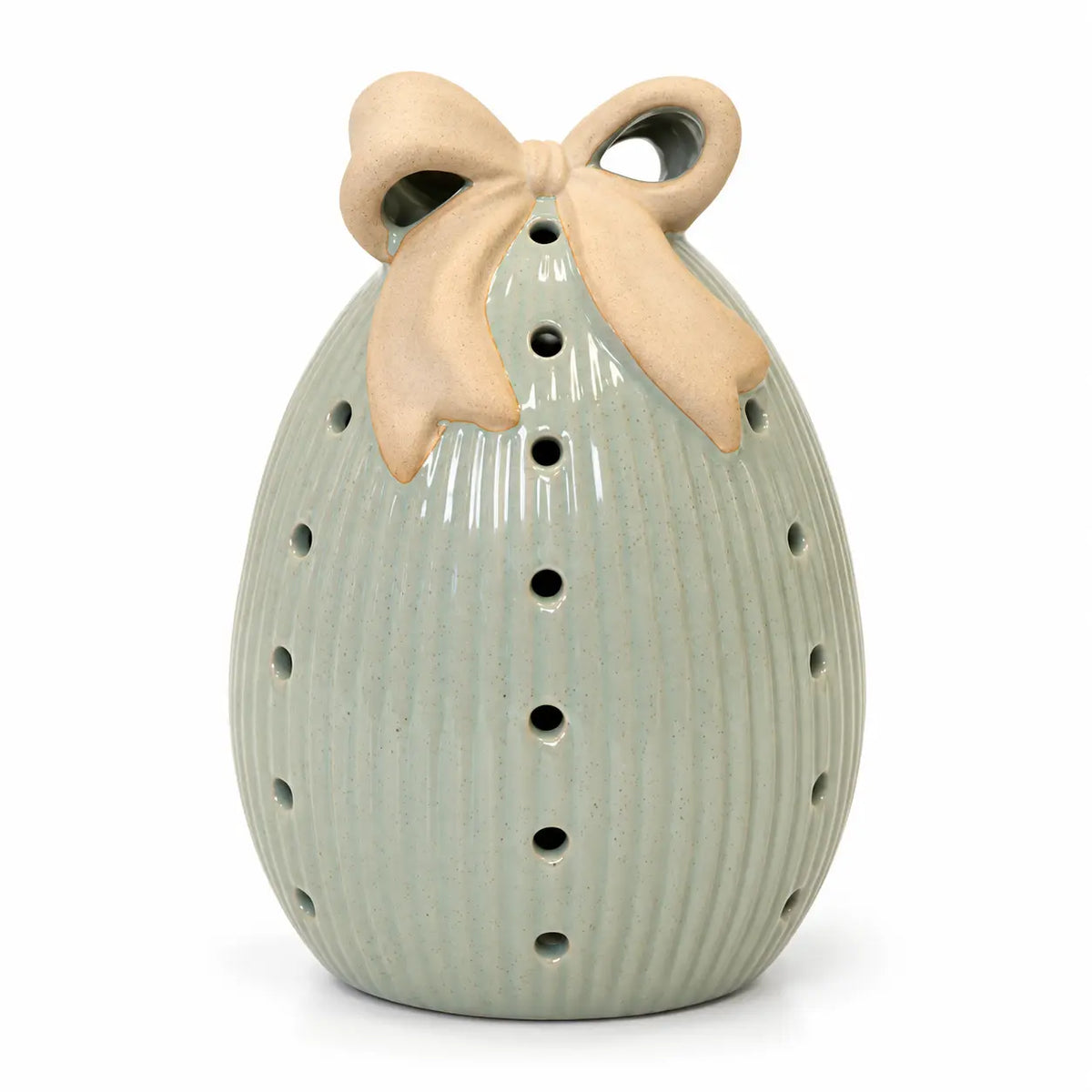 Satchville large sage green light-up LED ceramic Easter egg with decorative bow on white background