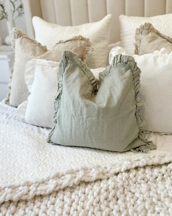 Sage Green Ruffled Edge Linen Cushion Cover - Soft FurnishingsSoft Furnishings - Lulu Loves Home