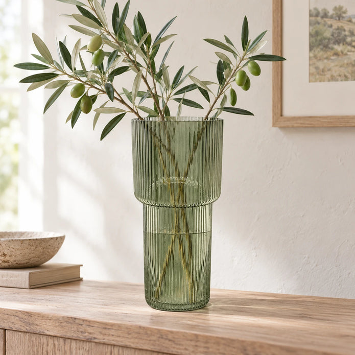 Sage green tall ribbed glass vase by Satchville, featuring a sleek design perfect for modern floral arrangements.