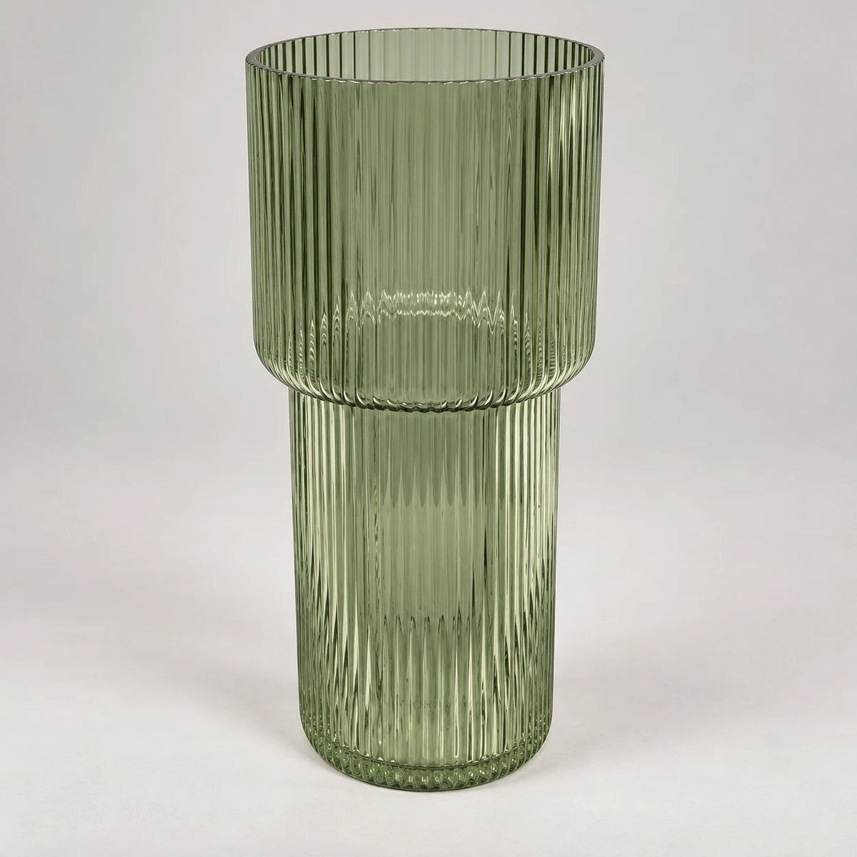 Sage green tall ribbed glass vase by Satchville with textured ribbed design, ideal for floral arrangements.