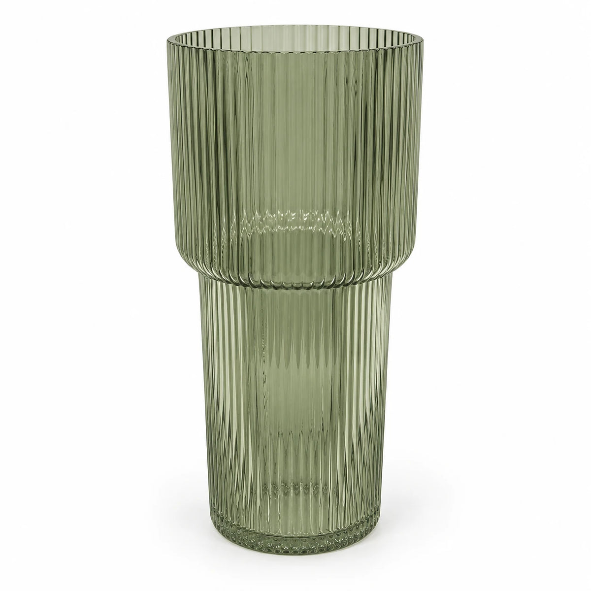 Sage green tall ribbed glass vase by Satchville with a sleek, modern design, perfect for floral arrangements or decorative displays.