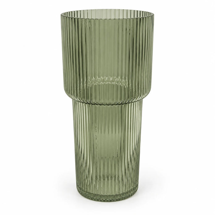 Sage green tall ribbed glass vase by Satchville with a sleek, modern design, perfect for floral arrangements or decorative displays.