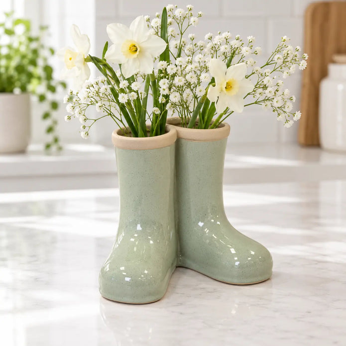 Satchville sage green ceramic Wellington boot vase with small flowers in a kitchen setting