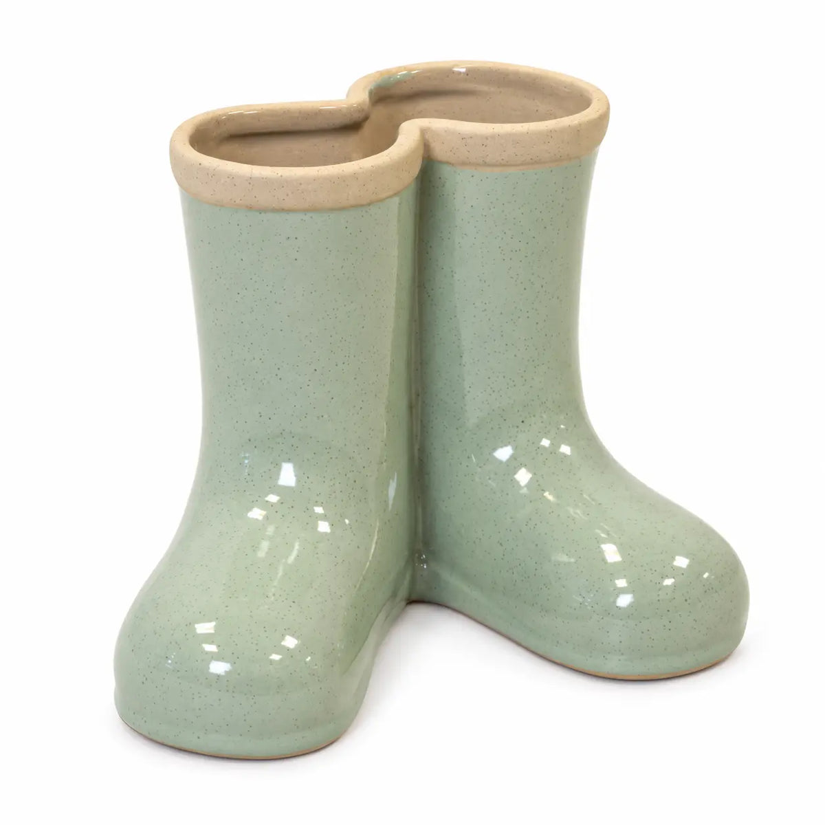Satchville sage green ceramic Wellington boot vase, small decorative vase shown in studio setup