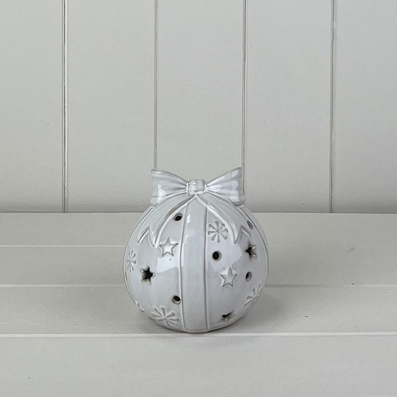 Glazed Ceramic Bauble With Bow Ornament – Glazed Ceramic Bauble With Bow Ornament With Textured Detail And LED, W 10 x D 10 x H 11 cm