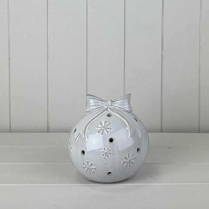 Glazed Ceramic Bauble With Bow Ornament – Glazed Ceramic Bauble With Bow Ornament With Textured Detail And LED, W 14 x D 13 x H 14 cm