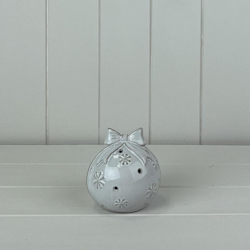 Glazed Ceramic Bauble With Bow Ornament – Glazed Ceramic Bauble With Bow Ornament With Textured Detail And LED, W 9 x D 9 x H 9 cm