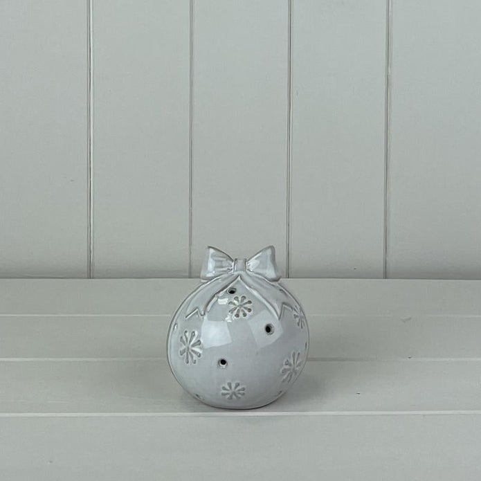 Glazed Ceramic Bauble With Bow Ornament – Glazed Ceramic Bauble With Bow Ornament With Textured Detail And LED, W 9 x D 9 x H 9 cm