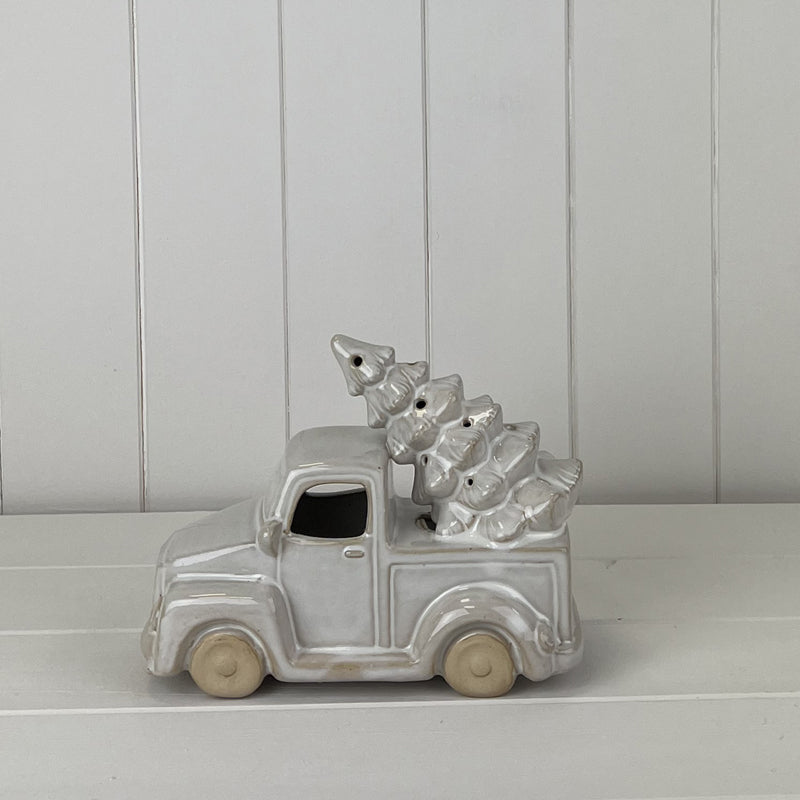 Glazed Ceramic LED Christmas Car With Tree – Glazed Ceramic Car Carrying Christmas Tree Ornament With Textured Detail And LED, W 16 x D 8 x H 12 cm