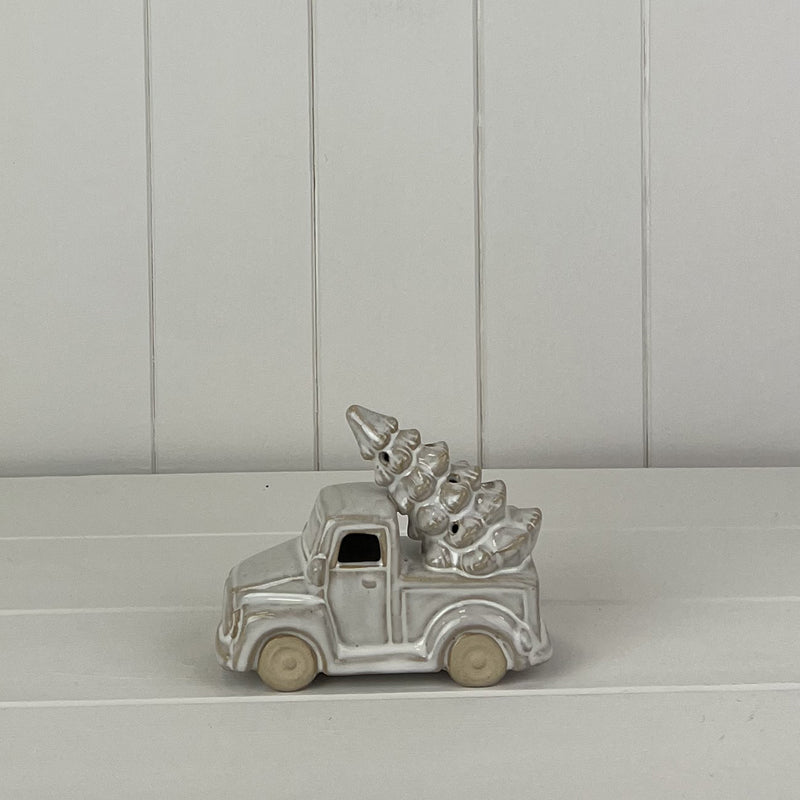 Glazed Ceramic LED Christmas Car With Tree – Glazed Ceramic Car Carrying Tree Ornament With Textured Detail And LED Weight-, W 13 x D 6 x H 10 cm
